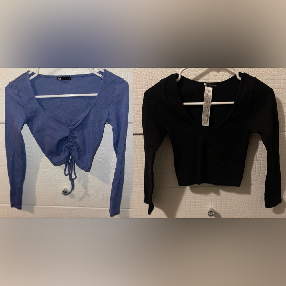 2 Zara Long Sleeve Black/Blue cropped Tops Size M